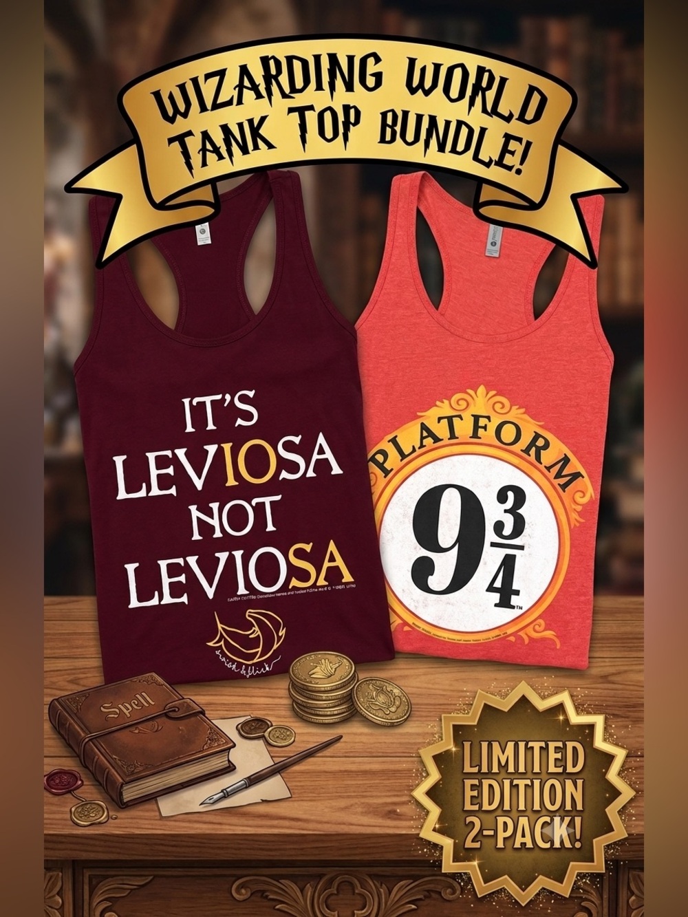 Bundle of 2 NWOT Harry Potter Racerback Tank Tops – Platform 9 3/4 & Leviosa